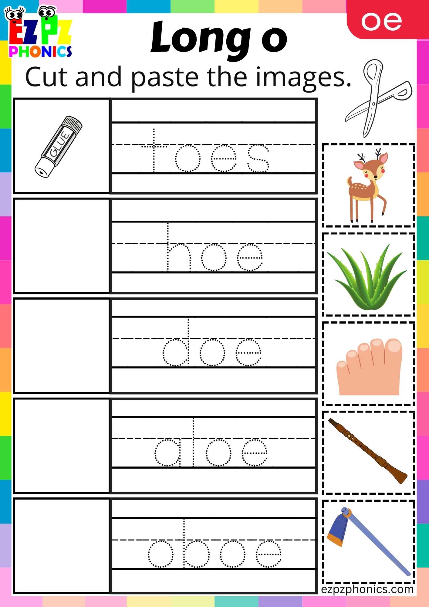 OE Words Cut And Paste The Images Long O Phonics Worksheet